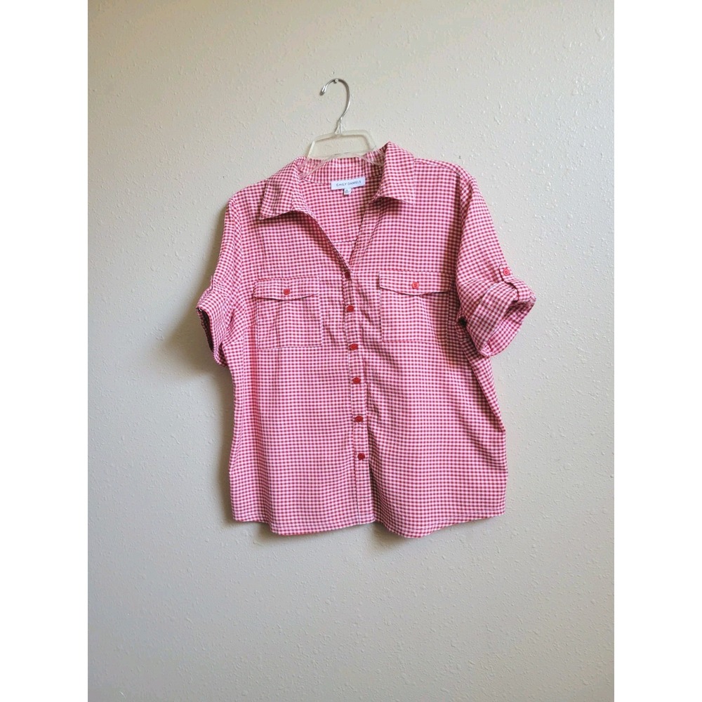 Emily Daniels Red & White Checker Button Shirt Collared Top Button Sleeve Sz XL